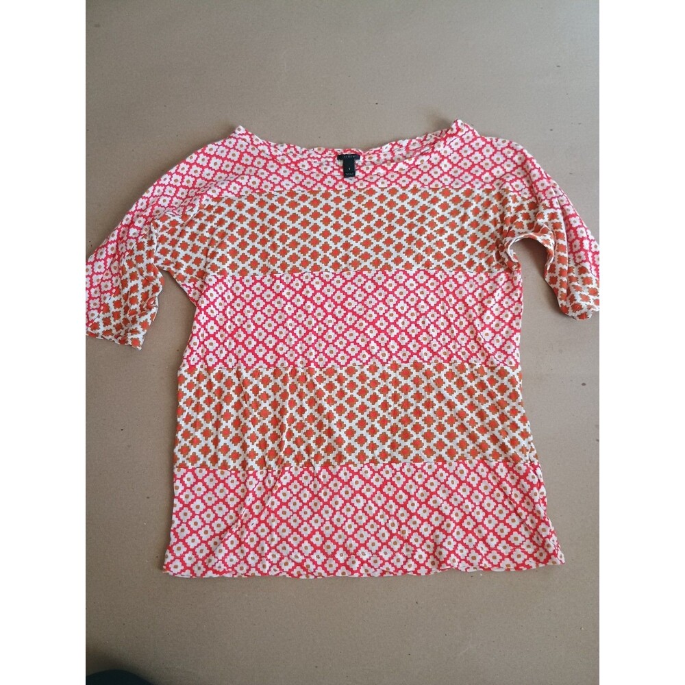 J Crew Womens Top Size S White Orange Printed Knit Blouse Cotton Shirt Top